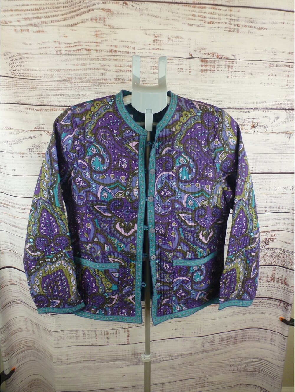Appleseed's Petites PM Quilted Jacket Paisley Purple Teal Green Button Front K4A